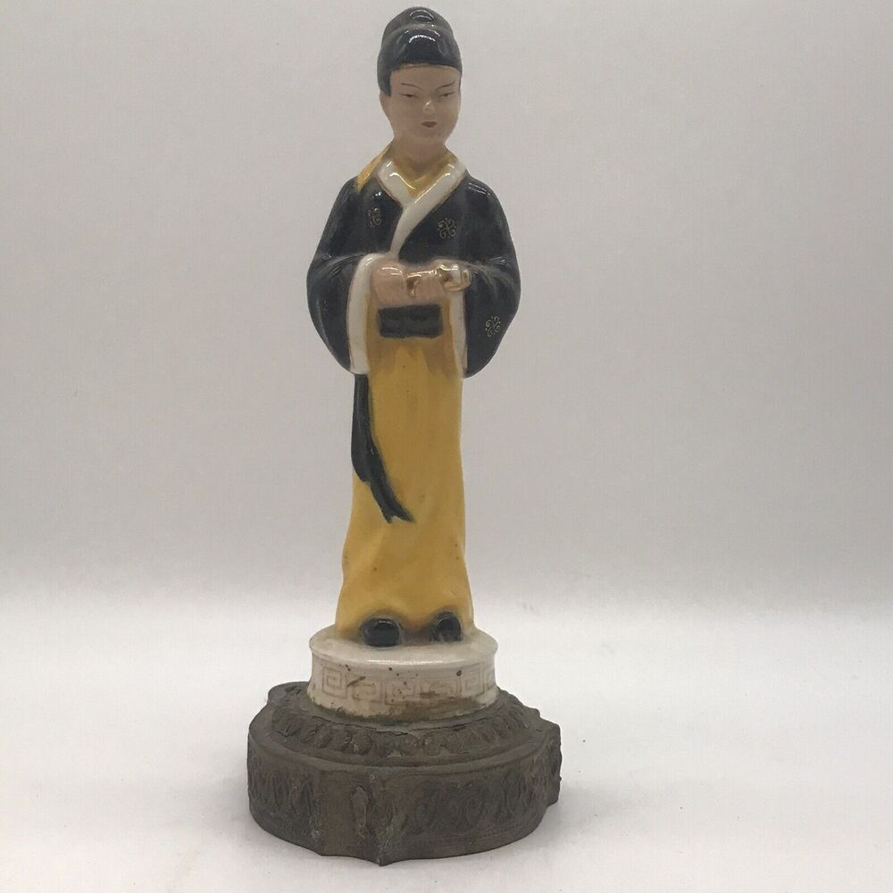 Antique Asian Chinese 10 Inch Porcelain Man Figurine with Brass Base Table Lamp